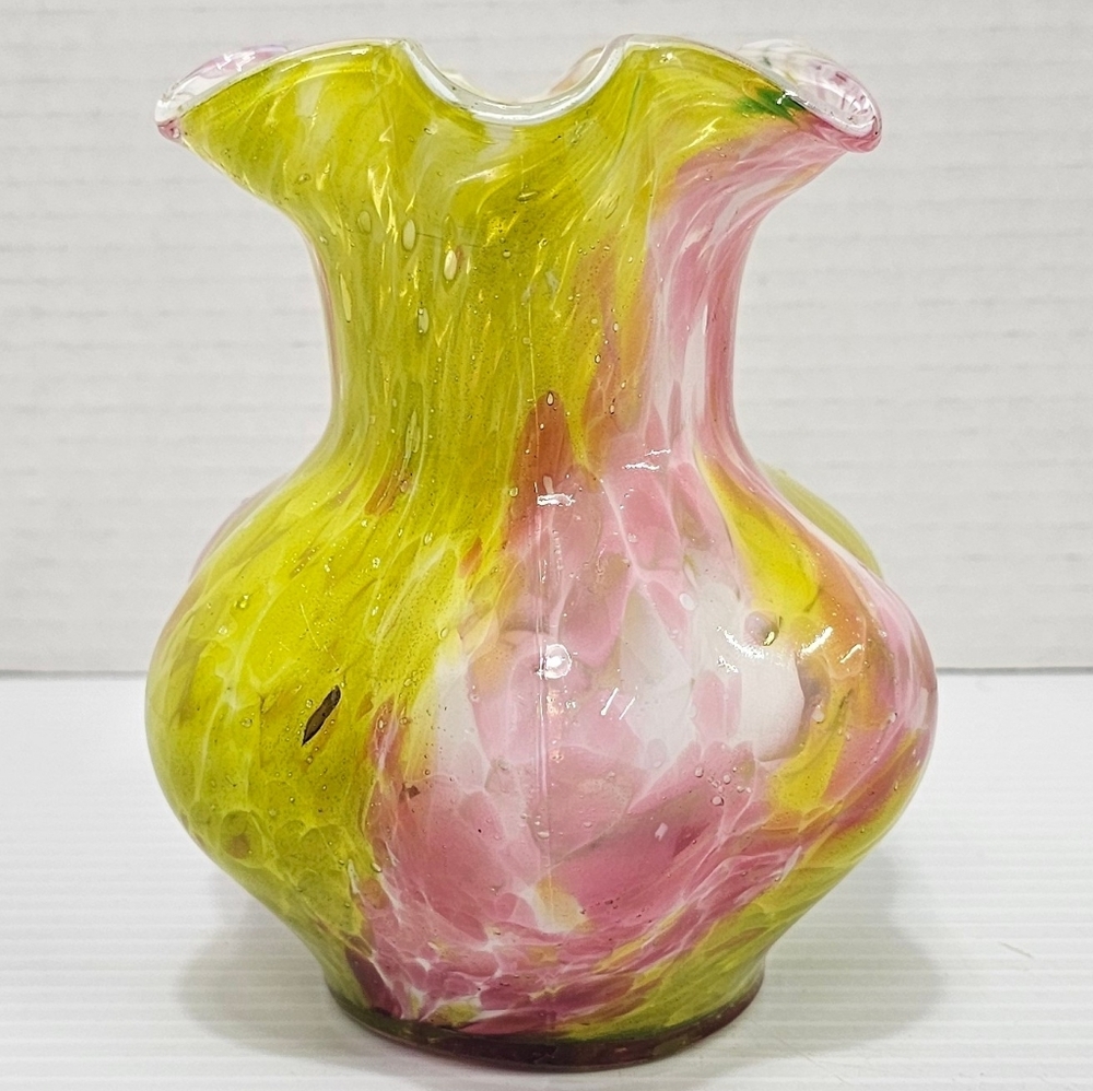 Blown Glass Pink & Yellow Swirl Decorative Vase With Ruffled Edges Unbranded